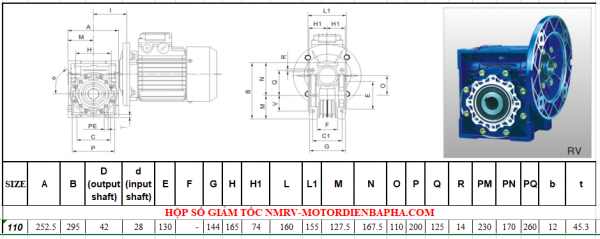 Thông số kỷ thuật hộp số giảm tốc NMRV size 110