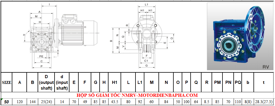 Thông số kỷ thuật hộp số giảm tốc NMRV size 50