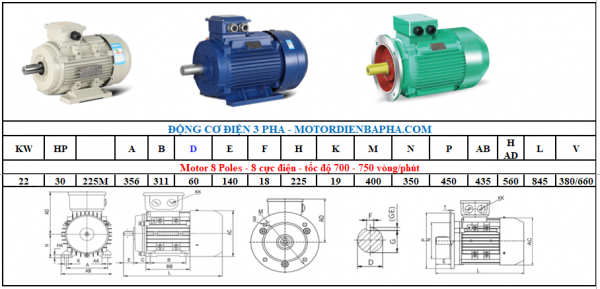 Motor điện 3 pha 22KW-30HP 8 Poles