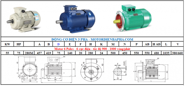 Motor điện 3 pha 55KW-75HP 6 Poles