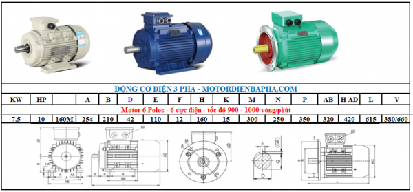 Motor điện 3 pha 7.5KW - 10HP 6 Poles