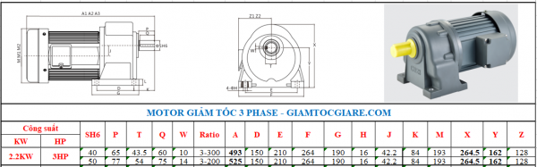 Giảm tốc 3 pha chân đế trục thẳng 2.2KW 3HP