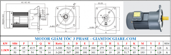 Giảm tốc 3 pha mặt bích trục thẳng 2.2KW 3HP