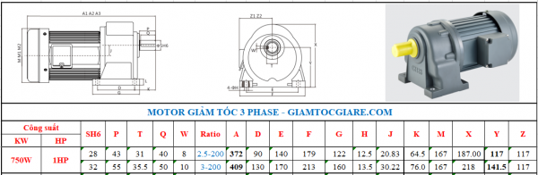 Giảm tốc 3 pha trục thẳng chân đế 0.8KW - 1HP