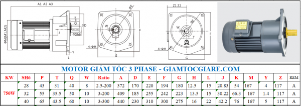 Giảm tốc 3 pha trục thẳng mặt bích 0.8KW - 1HP