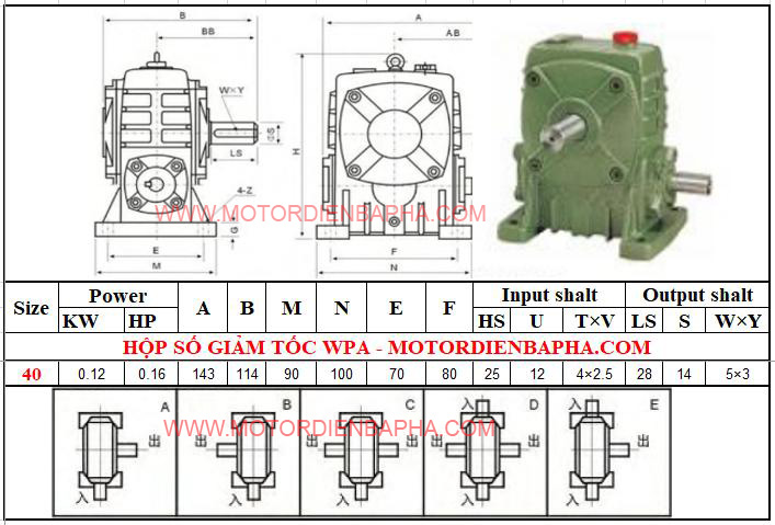 Thông số kỹ thuật hộp số WPA