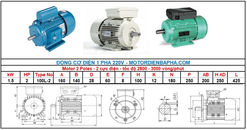 Motor điện 1 pha 1.5KW-2HP 2 Poles