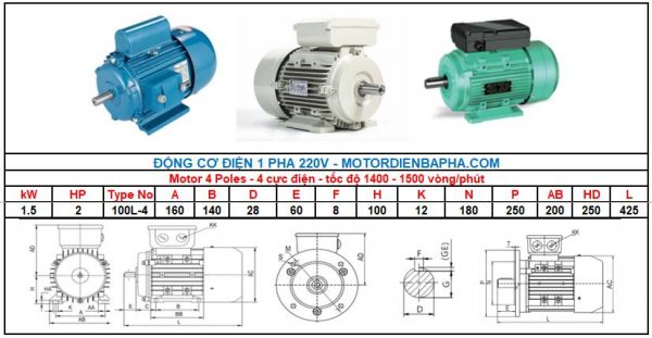 Motor điện 1 pha 1.5KW-2HP 4 Poles