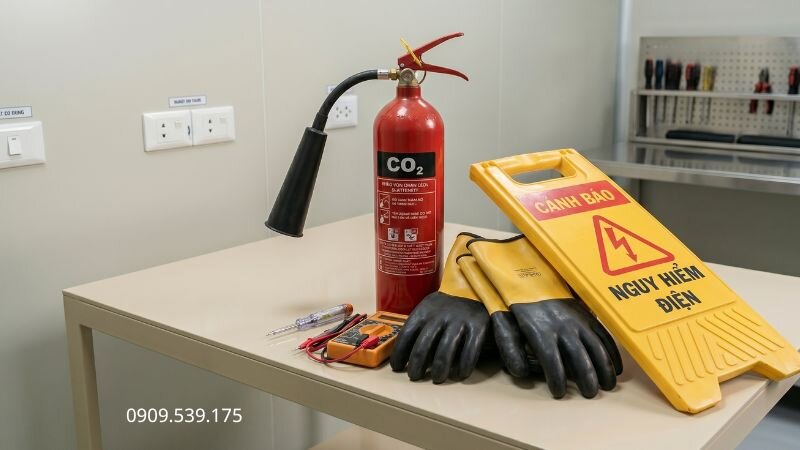 Danh sách thiết bị bảo hộ cách điện và bình chữa cháy khí CO2 chuyên dụng để ứng phó an toàn.